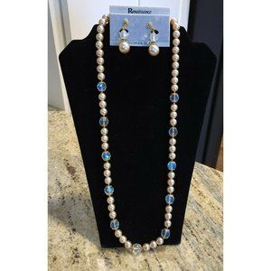 Renaissance Bohemian Glass 28" Beaded Faux Pearl Necklace & Clip Earrings Set.